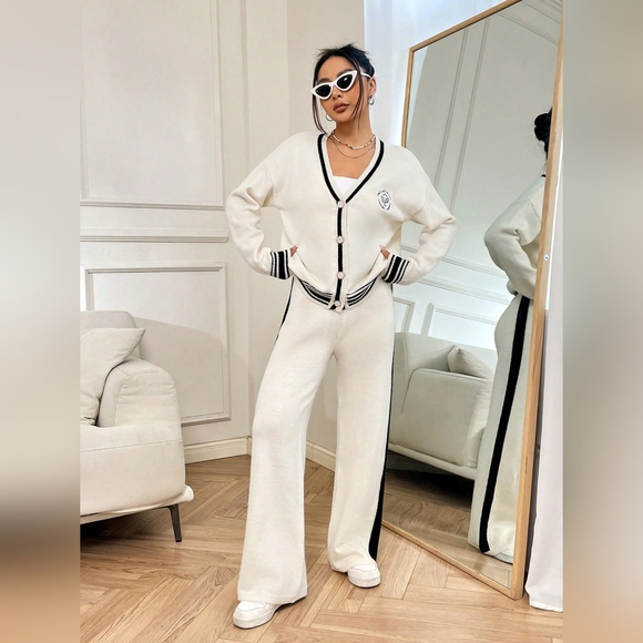 Letter Pattern Striped Trim Drop Shoulder Cardigan & Knit Pants - Picture 6 of 6